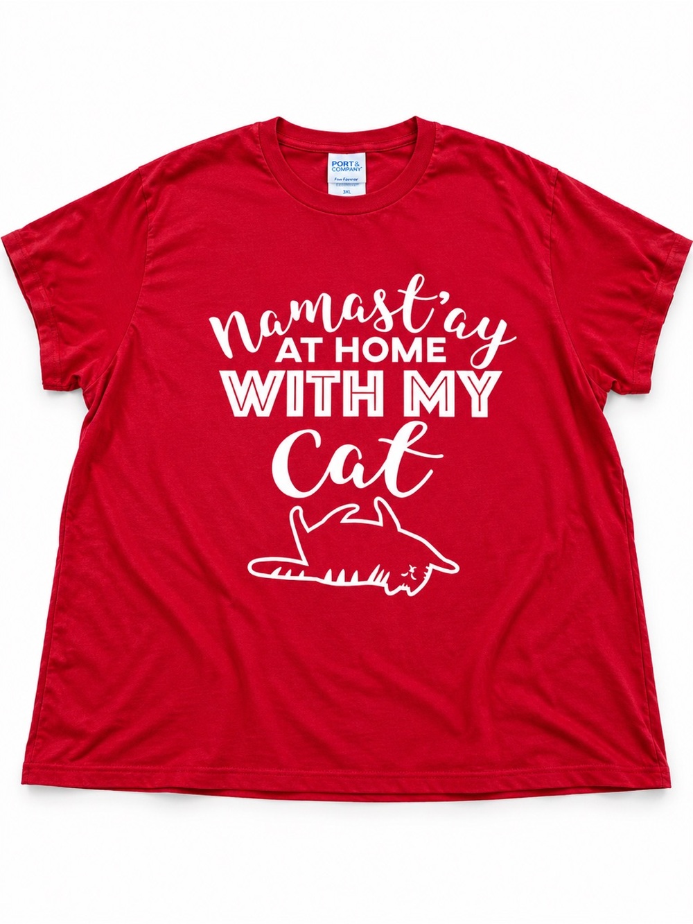 Namast'ay At Home With My Cat Port & Company Plus Size 3XL Red Graphic Tee